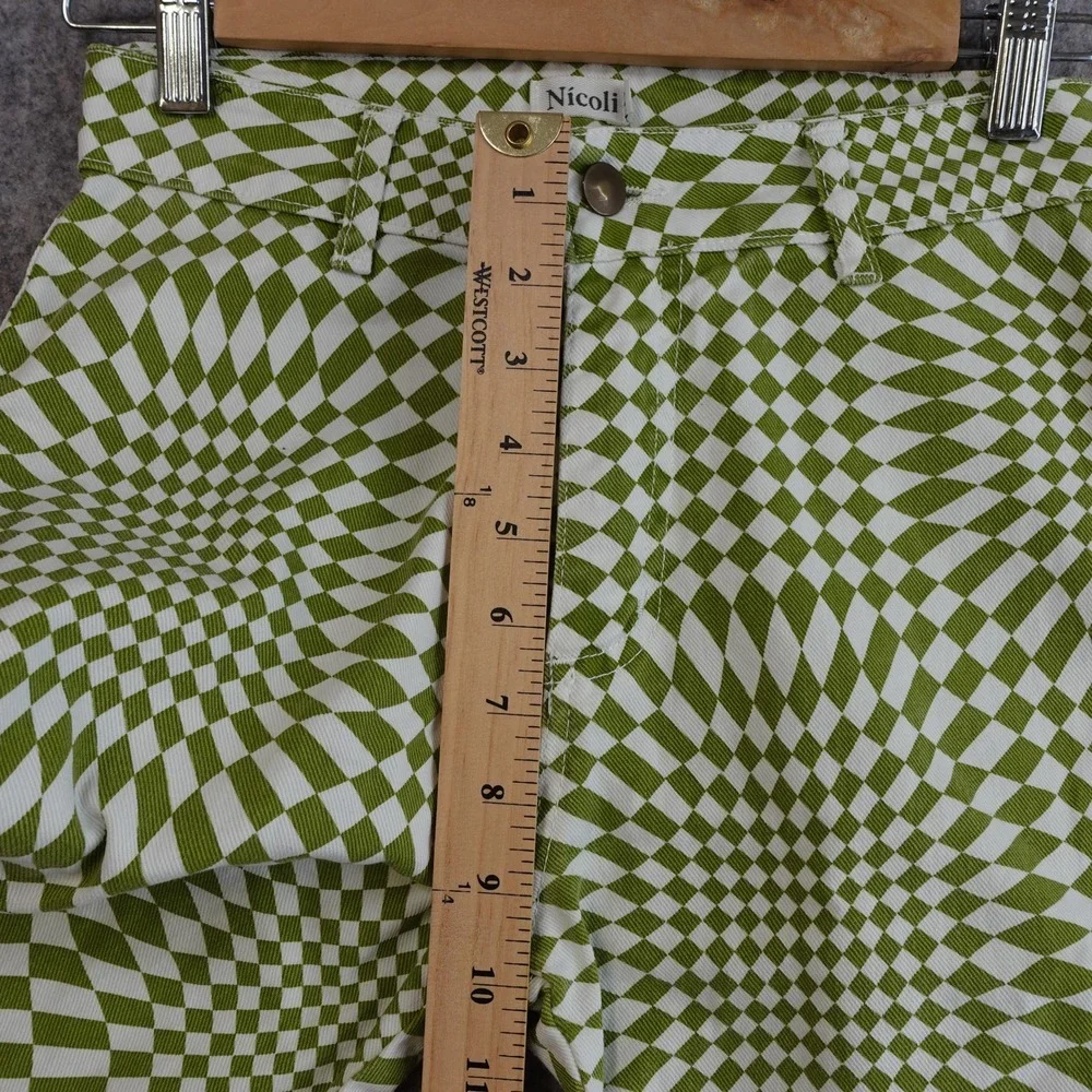 Psychedelic Printed Pants 34 Green Optical Illusion Check Wide Leg Pants Rave - Picture 4 of 9
